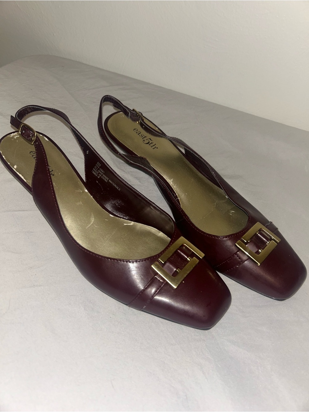 East 5th Burgundy Slingback Flats with Gold Buckle